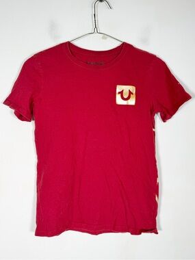 True Religion Women’s Size Large Red Gold Logo T‑Shirt Short Sleeve